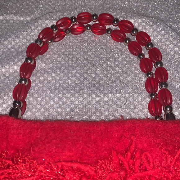 Custom Red Felt Small Purse with Glitter Yarn Trim and Red/Silver Bead Handle - Picture 2 of 8